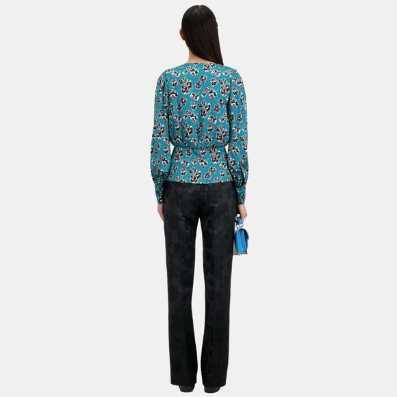 The Kooples Crossover Wrap Top- Blue Floral Satin Long Sleeve Blouse - Picture 5 of 6